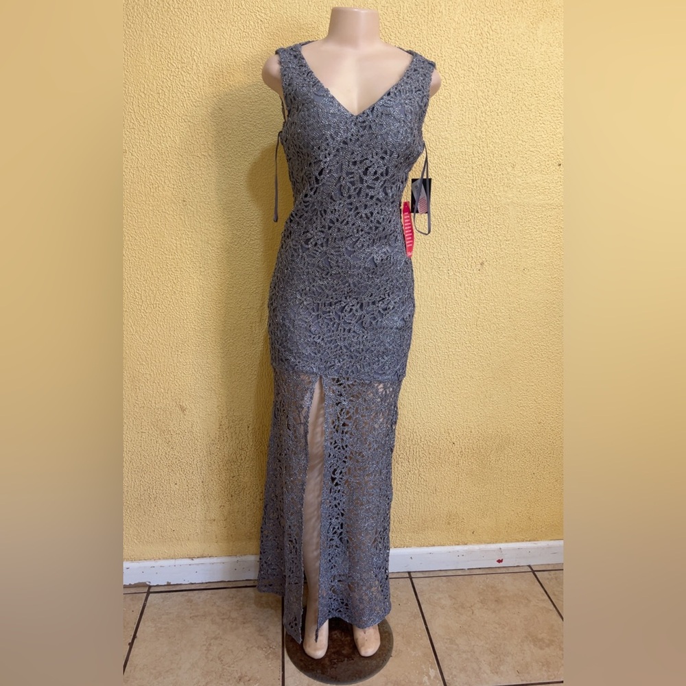 MARINA Gray Lace Maxi Dress